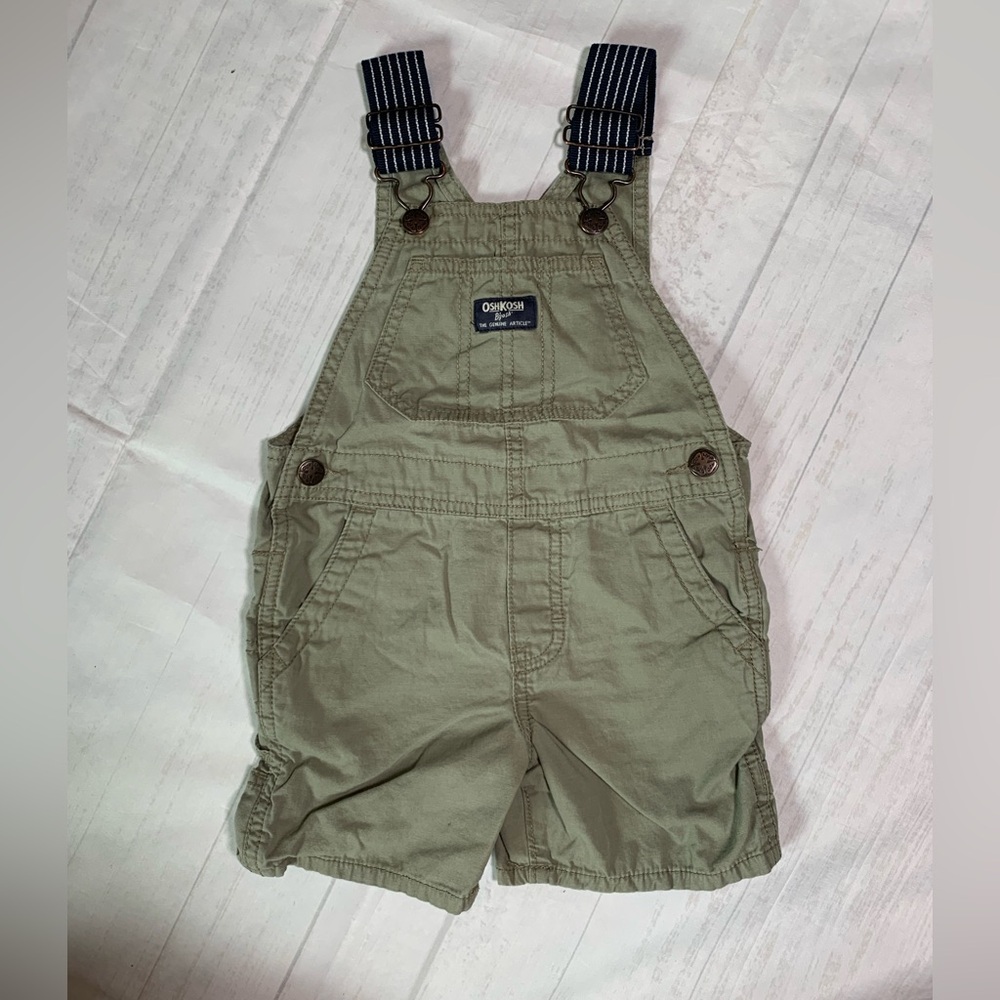 OshKosh B'gosh Olive Green Short Overalls with Navy Striped Straps